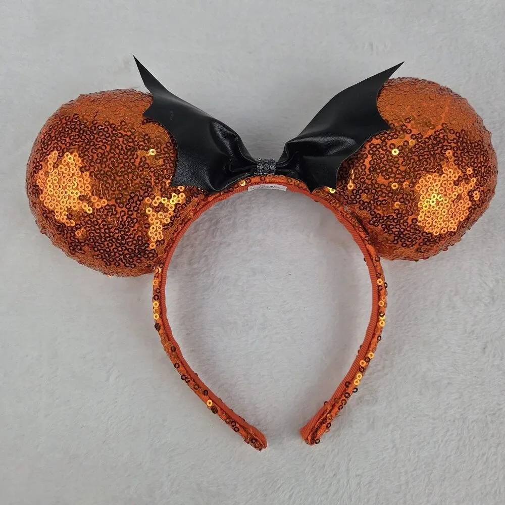 Sequined Minnie Mouse Ears Headband Set Red Bow And Orange Bat Disney